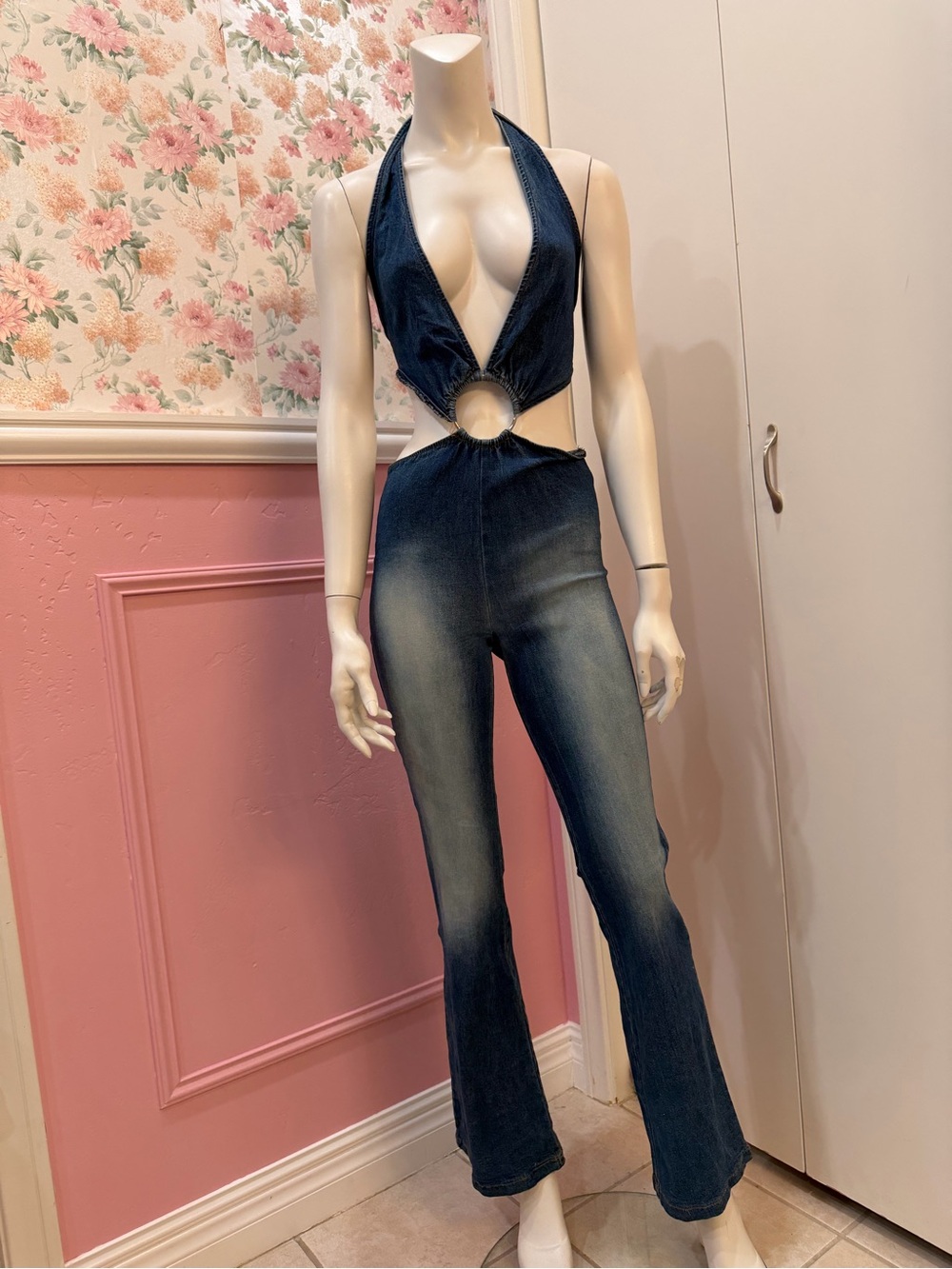 Y2K American Vintage Dark Blue Denim Cutout Halter Jumpsuit